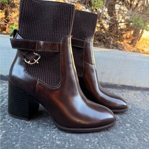 Zara Dark Brown Leather Block Heel Ankle Boots with Knit Shaft